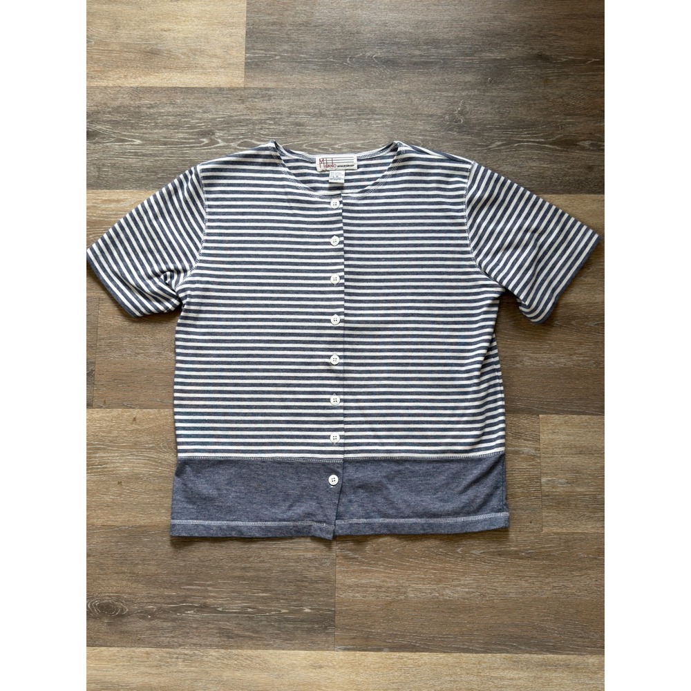 Milano Design Group Womens Striped Button Down Short Sleeve Knit Top Navy Blue M